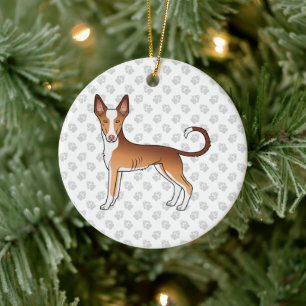 Red & White Ibizan Hound Smooth Coat Dog And Paws Ceramic Tree Decoration