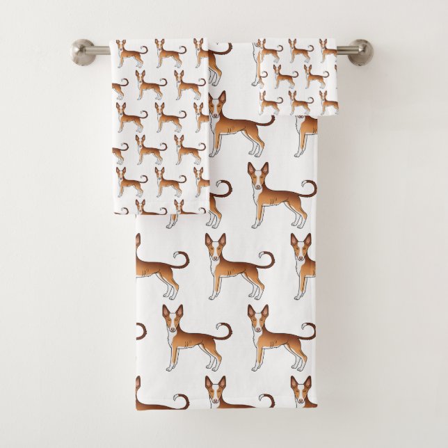 Red & White Ibizan Hound Smooth Coat Dog Pattern Bath Towel Set (Insitu)