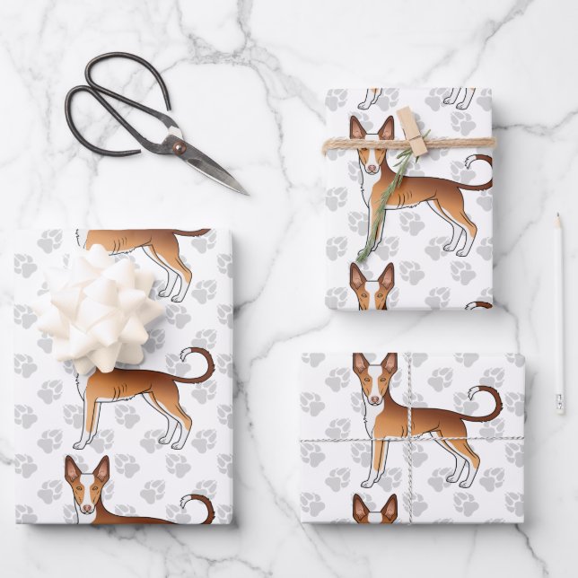Red & White Ibizan Hound Smooth Coat Dog Pattern Wrapping Paper Sheet (Front)