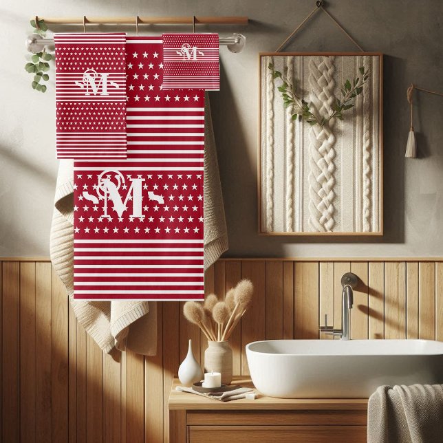 Red White Independence Day Stars & Stripe Monogram Bath Towel Set (Red White Independence Day Stars & Stripe Monogram Bath Towel Set)