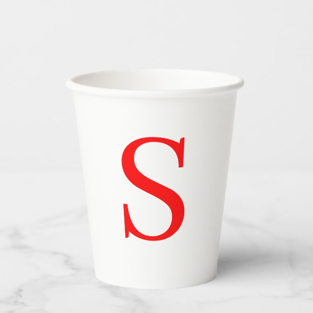 Red & White Initial Letter Monogrammed Plain Paper Cups (Front)