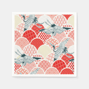 Red White Japanese Kimono Crane Decoupage Paper Napkin