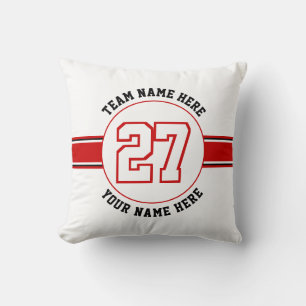 Red, white jersey number, team, player name sports cushion