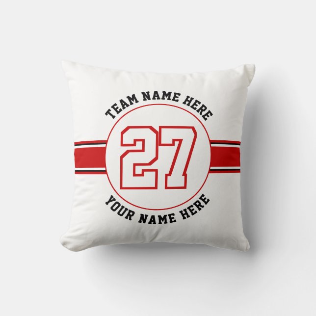 Red, white jersey number, team, player name sports cushion (Front)