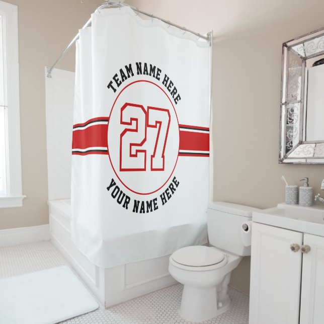 Red, white jersey number, team, player name sports shower curtain (In Situ)