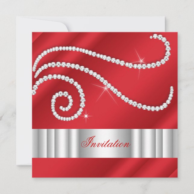 Red White Jewel Diamonds Silver Birthday Invitation (Front)