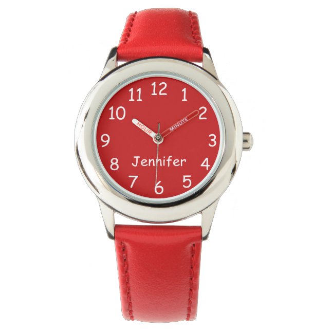 Red & White Kid's, Name, Red Face and Strap Wrist Watch (Front)