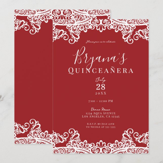 Red & White Lace Elegant Quinceañera Party   Invitation (Front/Back)