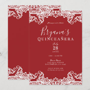 Red & White Lace Elegant Quinceañera Party Invitation