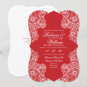 Red White Lace Elegant Vintage Wedding Invitation