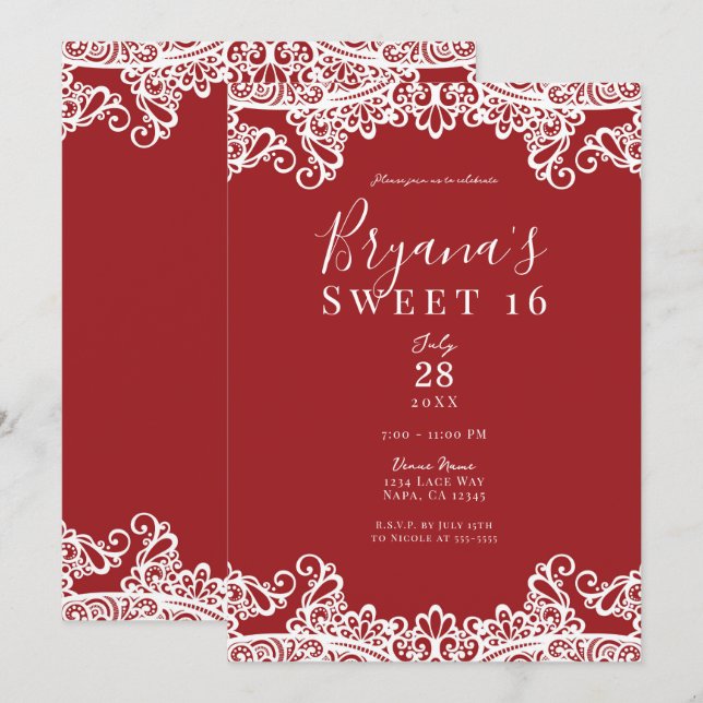 Red & White Lace Masquerade Sweet 16 Party  Invitation (Front/Back)