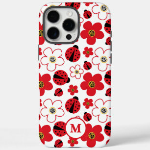Red White Ladybug Floral Monogram Pattern iPhone 16 Pro Max Case