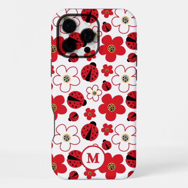 Red White Ladybug Floral Monogram Pattern iPhone Case (Back)