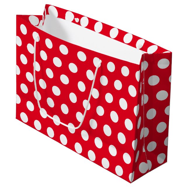 Red & White Large Medium Polka Dot Christmas Gift Bag (Front Angled)