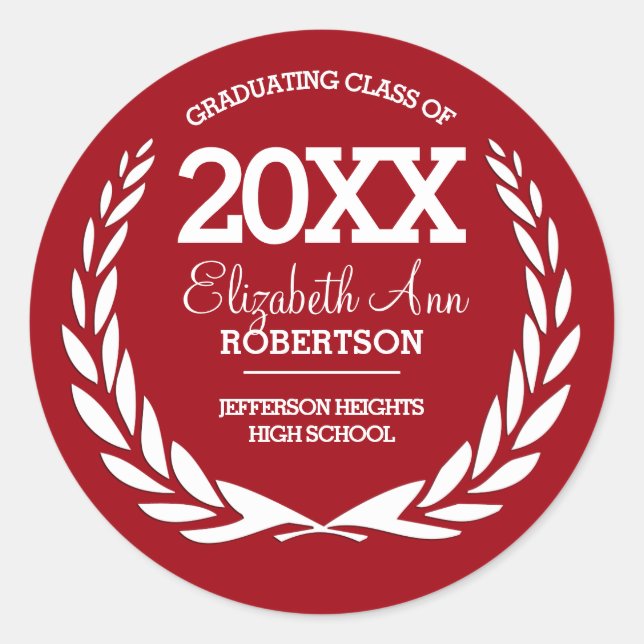 Red|White Laurel Wreath Graduation Classic Round Sticker (Front)