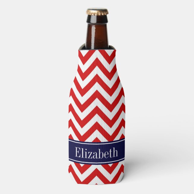 Red White LG Chevron Navy Blue Name Monogram Bottle Cooler (Bottle Front)