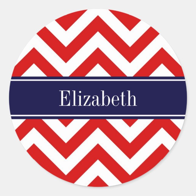 Red White LG Chevron Navy Blue Name Monogram Classic Round Sticker (Front)