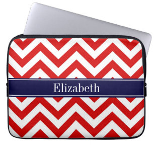 Red White LG Chevron Navy Blue Name Monogram Laptop Sleeve
