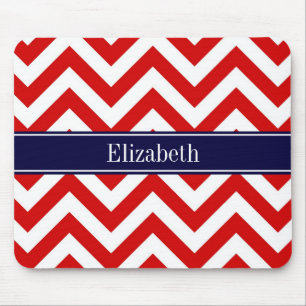 Red White LG Chevron Navy Blue Name Monogram Mouse Mat