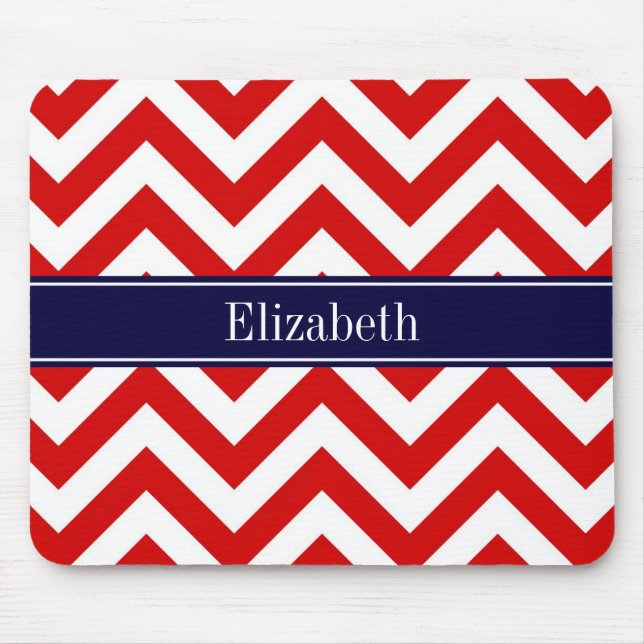 Red White LG Chevron Navy Blue Name Monogram Mouse Mat (Front)