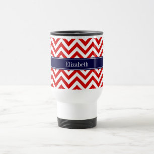 Red White LG Chevron Navy Blue Name Monogram Travel Mug