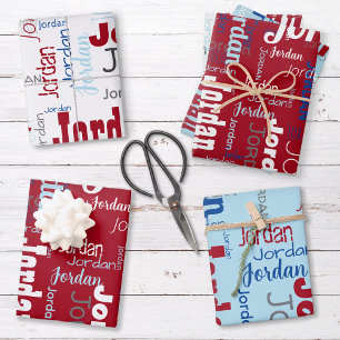 Red White & Light Blue Repeating Name Pattern Wrapping Paper Sheet