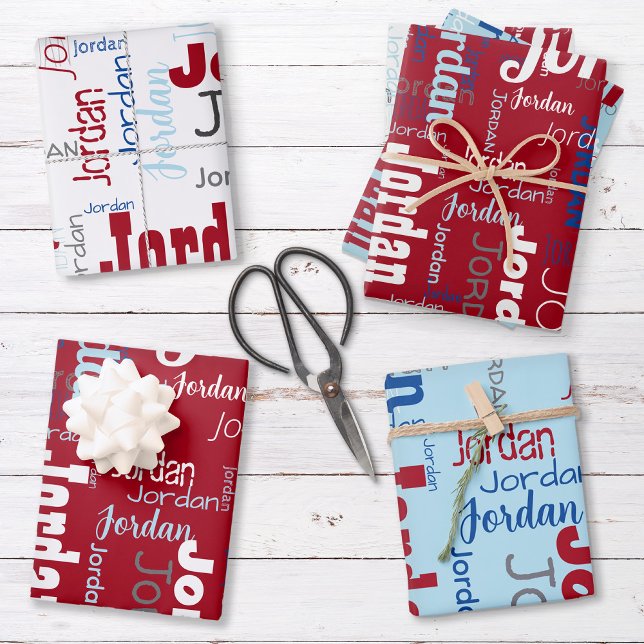 Red White & Light Blue Repeating Name Pattern Wrapping Paper Sheet (Set includes three sheets - one of each color.)