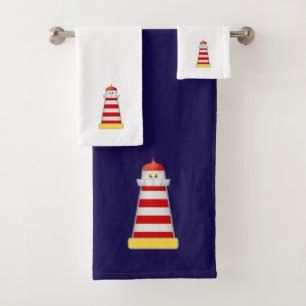 Red & White Lighthouse on Navy blue & White Bath Towel Set