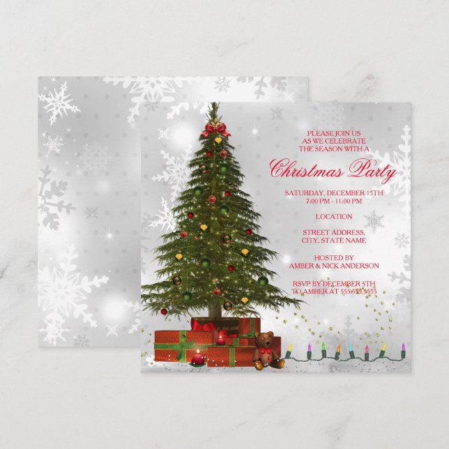 Red White Lights Tree Festive Christmas Party Invitation (Front/Back)