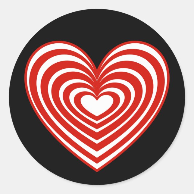 Red & White Lined Heart Classic Round Sticker (Front)