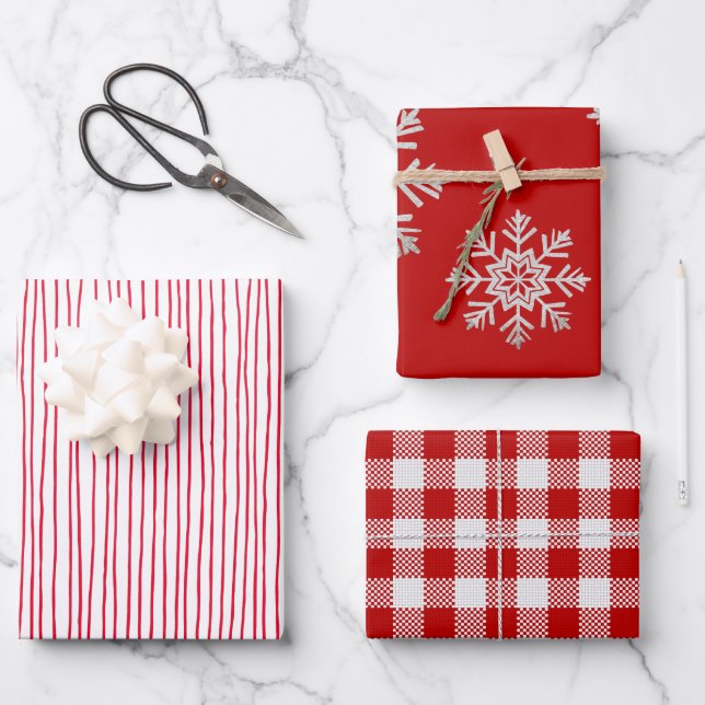 Red White Lines Silver Snowflake Red White Plaid Wrapping Paper Sheet (Front)