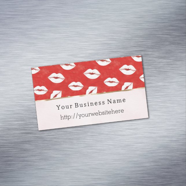 Red White Lips Kiss Business name website Magnetic Business Card (In Situ)