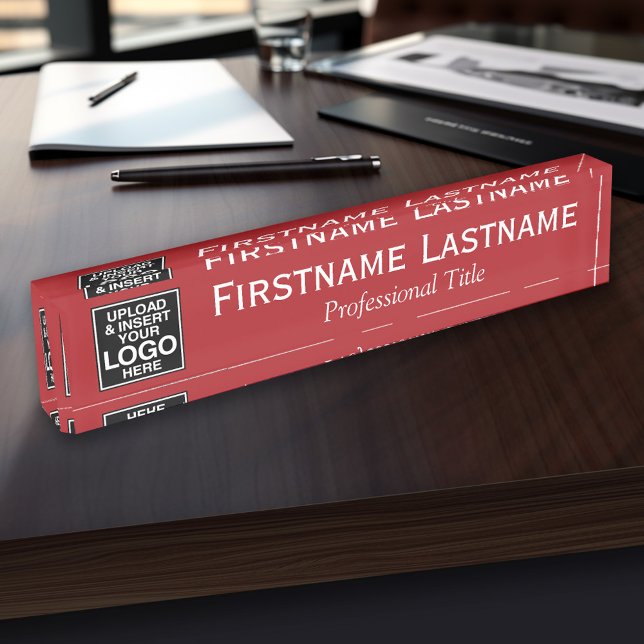 Red White - Logo, Name and Professional Title Nameplate (Personalized Name Plate - Custom Logo Executive Desk Plate with Name and Professional Title)