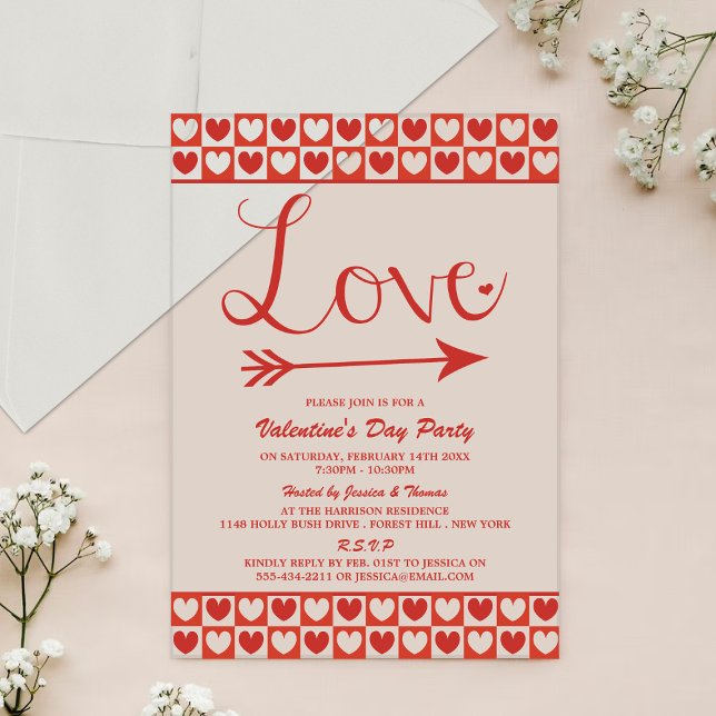 Red & White Love Hearts Valentine's Day Party Acrylic Invitations (Creator Uploaded)