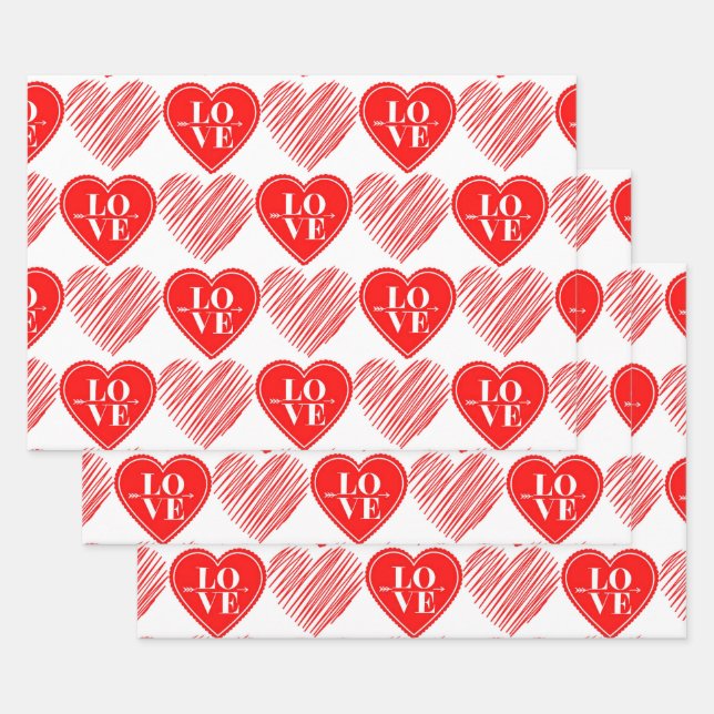 Red White Love Hearts  Wrapping Paper Sheet (Set)