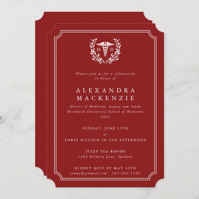 Red/White MD Caduceus Graduation Invitation (Front/Back)