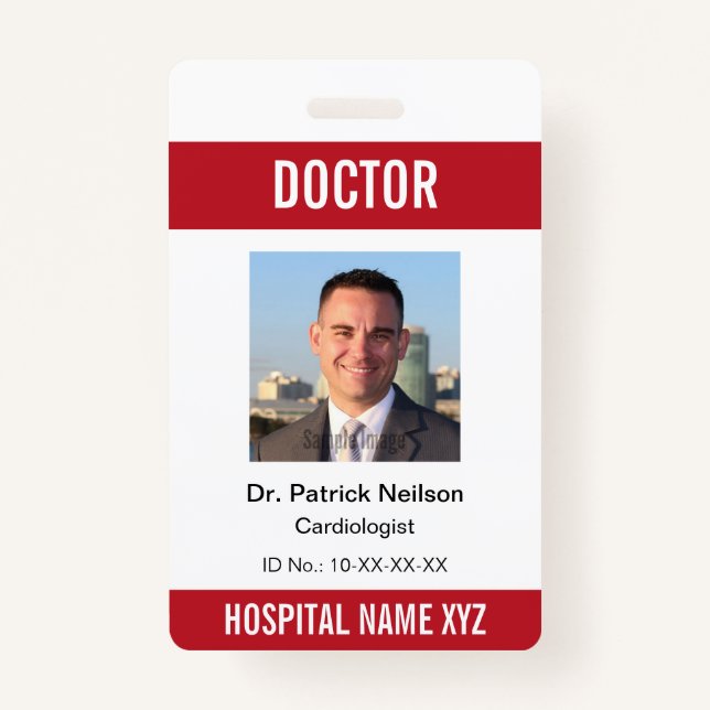 Red White Medical Hospital Clinic Photo ID ID Badge (Front)