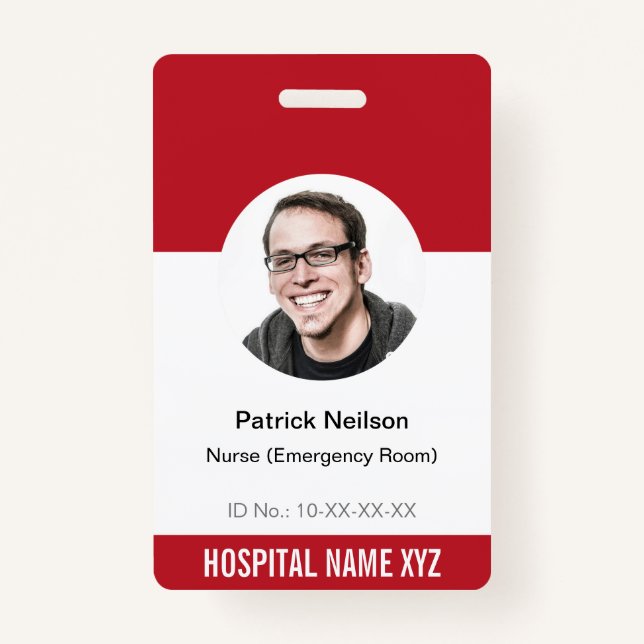 Red White Medical Hospital Staff Circle Photo ID ID Badge (Front)