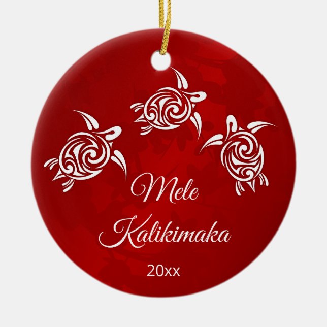 Red White Mele Kalikimaka Christmas Ceramic Tree Decoration (Front)
