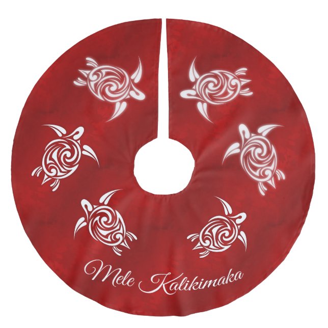 Red White | Mele Kalikimaka | Hawaiian Christmas  Brushed Polyester Tree Skirt (Front)