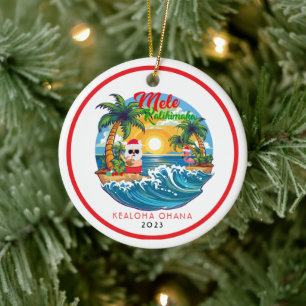 Red White Mele Kalikimaka Santa Surf Hawaiian Ceramic Tree Decoration