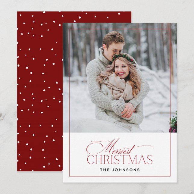 Red & White Merriest Christmas Script Quote Photo (Front/Back)