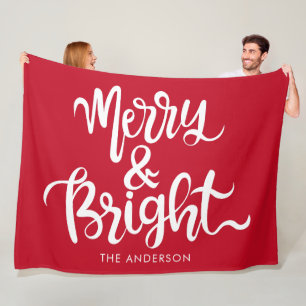 Red & White Merry and Bright Custom Name  Fleece Blanket
