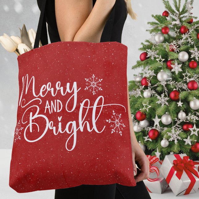 Red & White Merry and Bright Glitter Snow Holiday Tote Bag (Red & White Merry and Bright Glitter Snow Christmas Holiday Tote Bag)