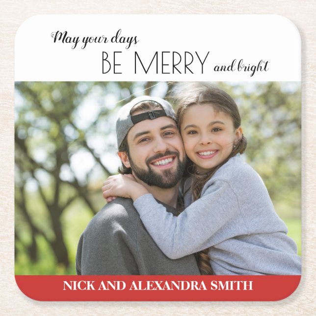 Red White Merry Bright Christmas Holiday Square Paper Coaster (Front)