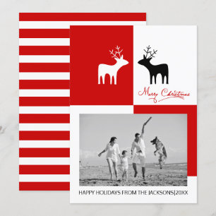 Red, white Merry Christmas calligraphy deer photo Holiday Card