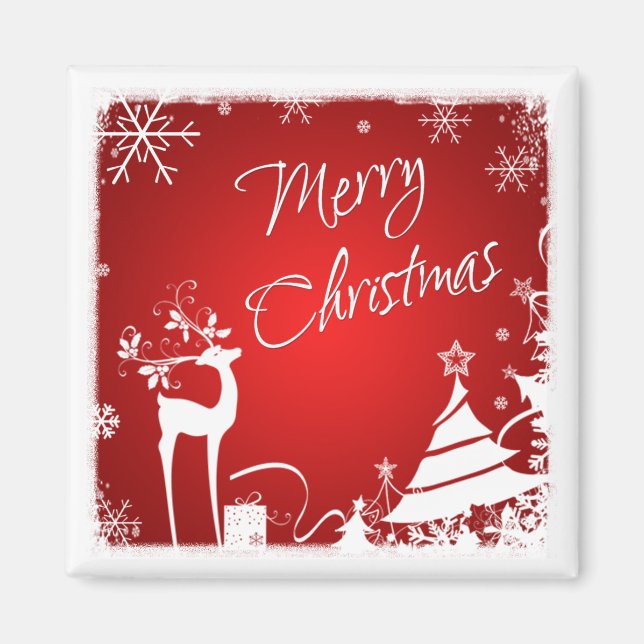 Red White Merry Christmas Deer, Snowflakes Magnet (Front)