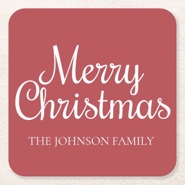 Red White Merry Christmas Family Name Square Paper Coaster (Front)