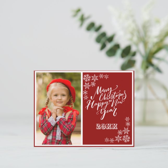 Red White Merry Christmas Happy New Year Photo Invitation Postcard (Standing Front)