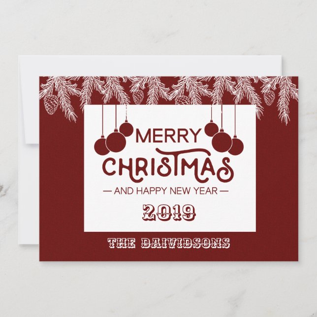 Red White Merry Christmas & Happy New Year Pine Holiday Card (Front)